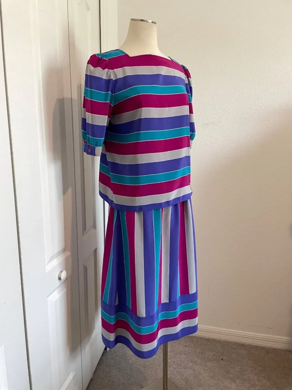 Vintage 80's SASSON High Waisted Skirt Shirt Striped 2-Piece Set Women’s 14/15